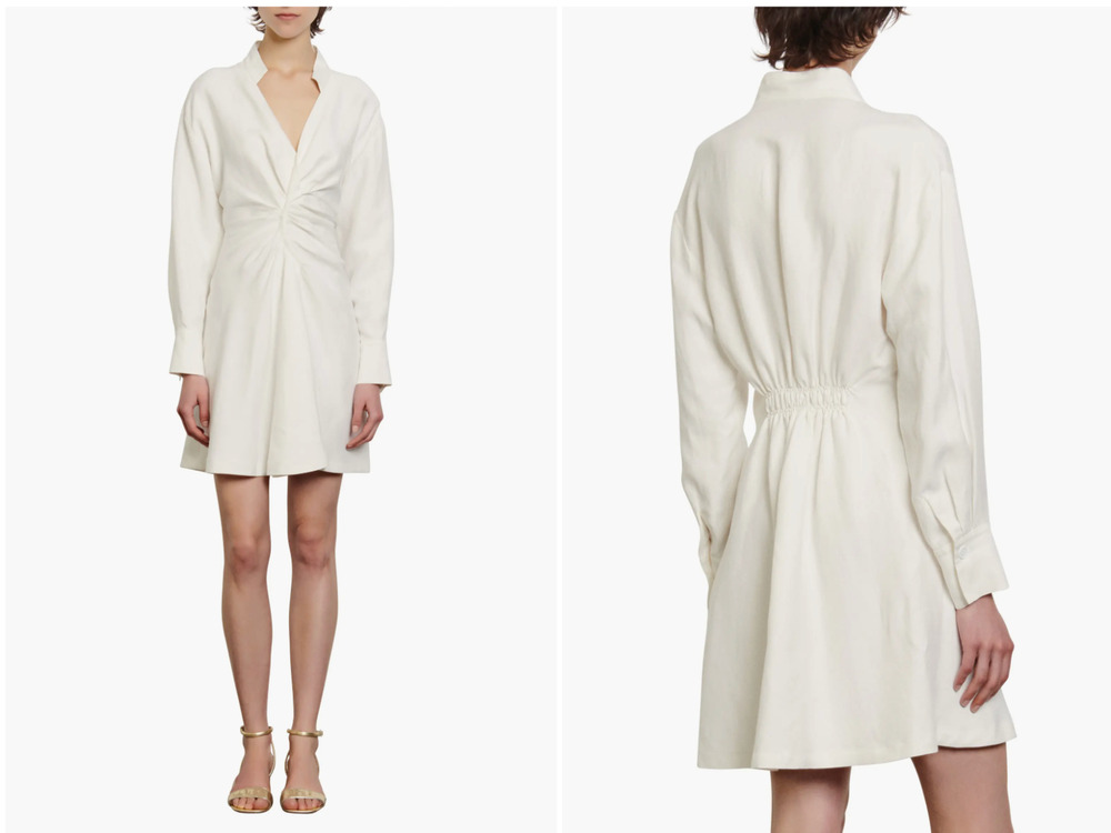 Sandro Paris Celia White V-Neck Ruched Front Long Sleeve Dress